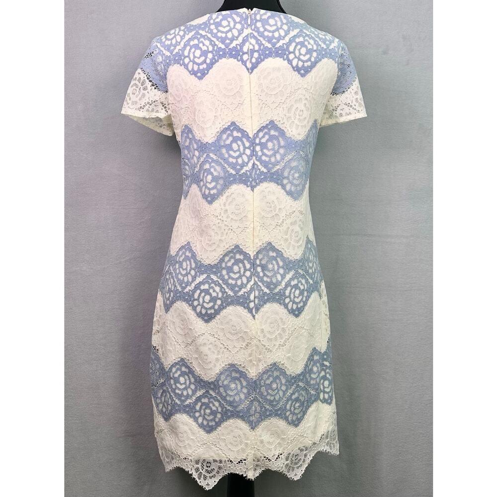 London Times Blue White Lace Sheath Dress Elegant Floral Crochet Overlay Size 6 - Picture 3 of 12